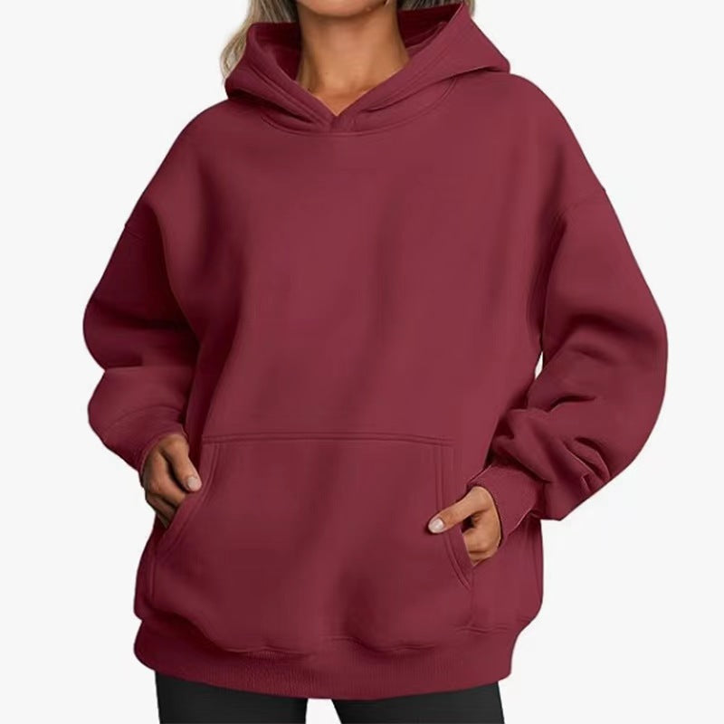 Women's Solid-color Long-sleeved Loose-fitting Hooded Sweatshirt With Pocket