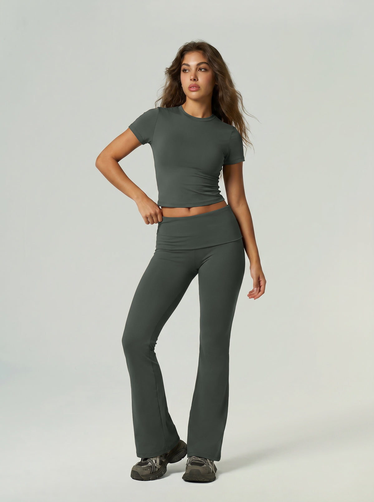 Cross-Border European And American Quick-Dry Sports Fitness Clothing Short-Sleeve Long Pants Flared Pants Tummy Control Butt-Lifting Naked-Feel Yoga Outfit Set