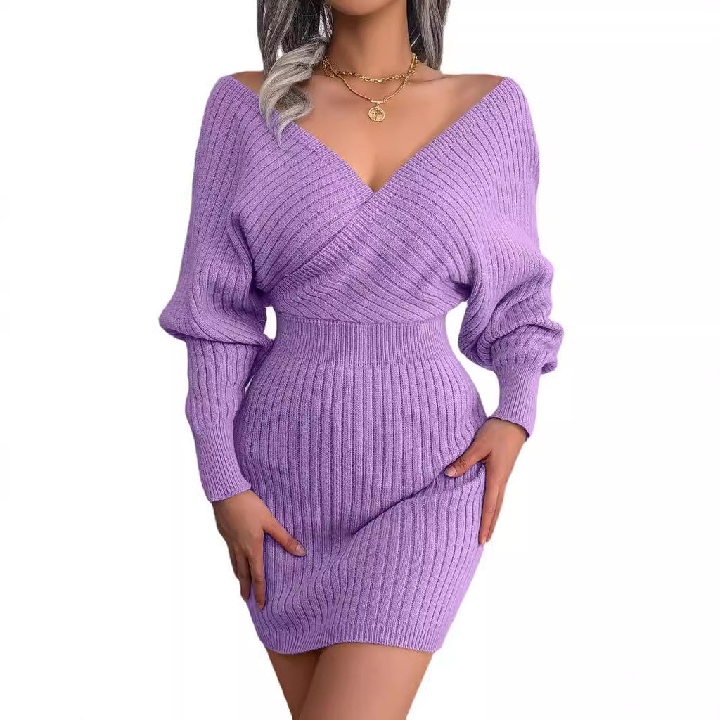 2026 Autumn Winter Sexy Cross V Neck Bat Skirt With Hip Wrapping, Hairy Dress