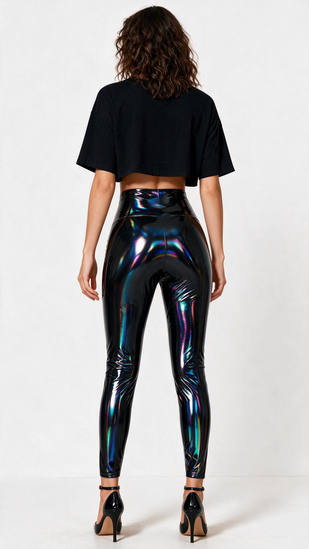 Women Holographic Metallic Patent Capri Leggings, High Waisted Shiny Iridescent 7-8 Cropped Pants For Club Party Festival