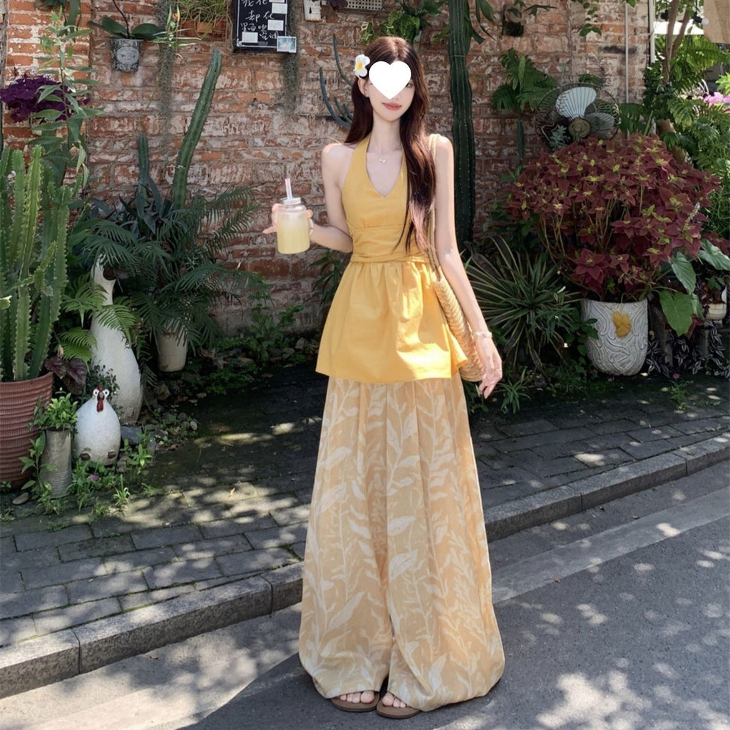 Yellow Halter-top And Waist-cinching Wide-leg Pants Summer Two-piece Set