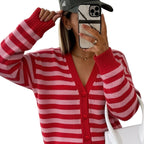 Womens Fashionable Contrasting-Color Striped Knitted V-Neck Coat