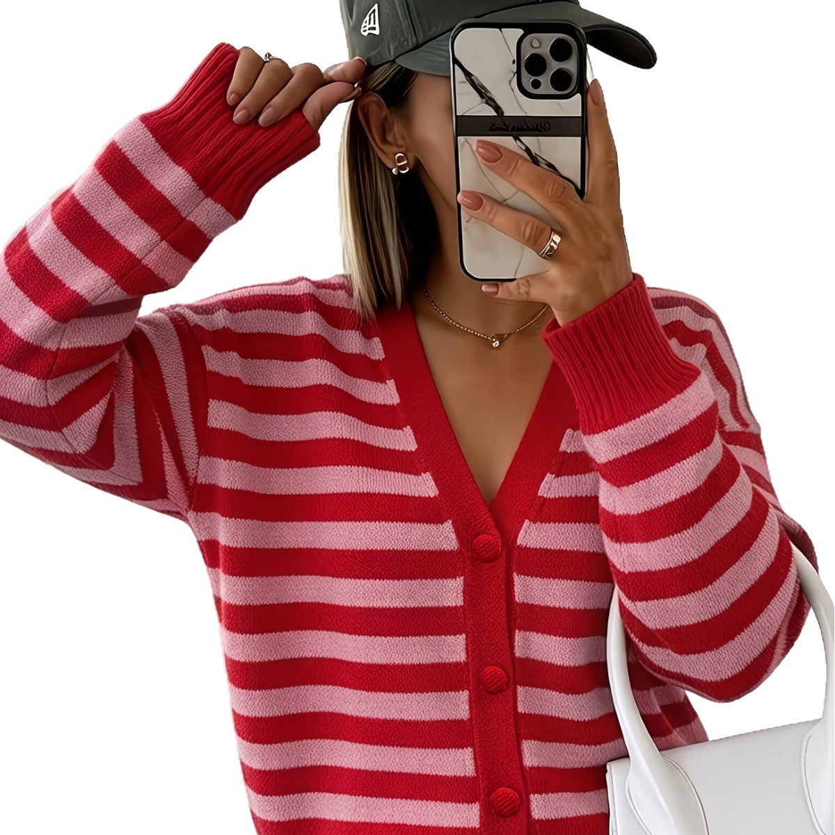 Womens Fashionable Contrasting-Color Striped Knitted V-Neck Coat