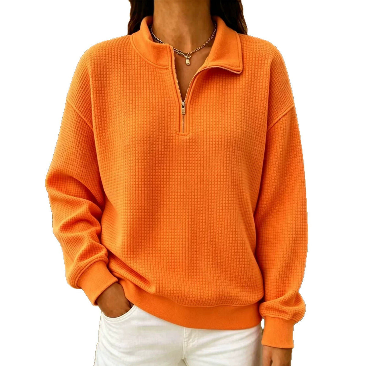 Solid Color Stand Collar Long-sleeve Zipper Stitching Women's Sweater