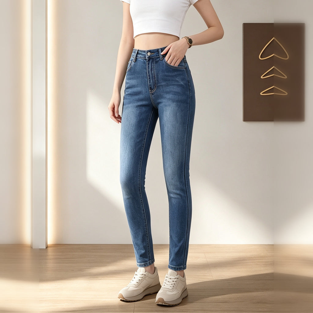 Women High Waist Washed Blue Straight Leg Jeans, Casual Stretch Slim Denim Pants With Pockets