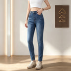 Women High Waist Washed Blue Straight Leg Jeans, Casual Stretch Slim Denim Pants With Pockets
