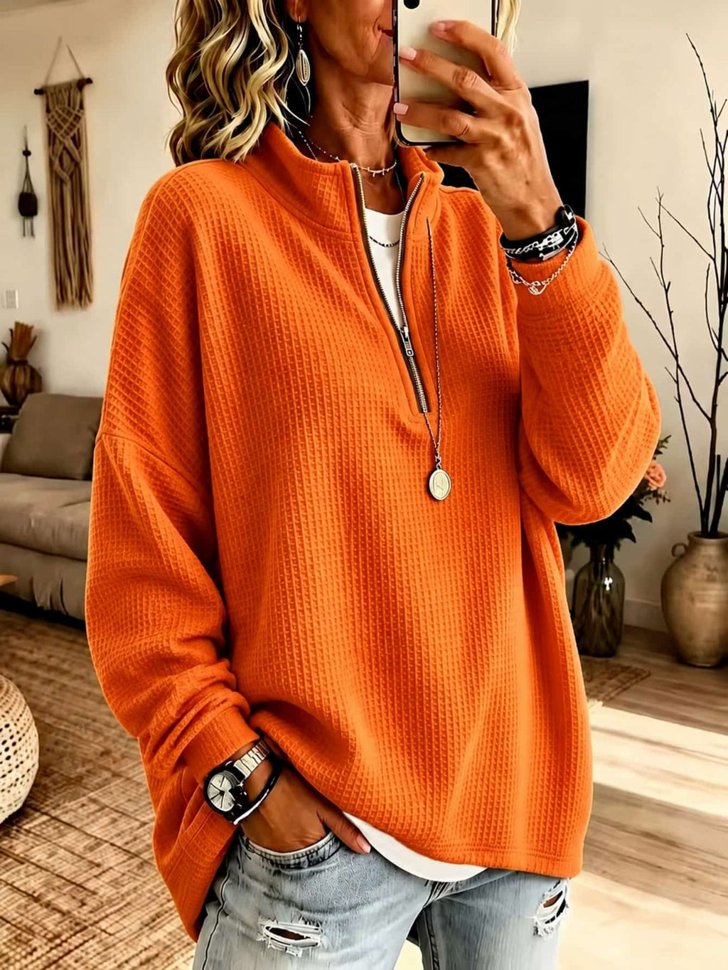 Womens Zip-up Half-neck Waffle-knit Hoodie Loose-fit Top
