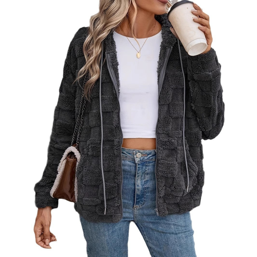 Women's Double-Sided Plush Zip-Up Hooded Cardigan Casual Jacket
