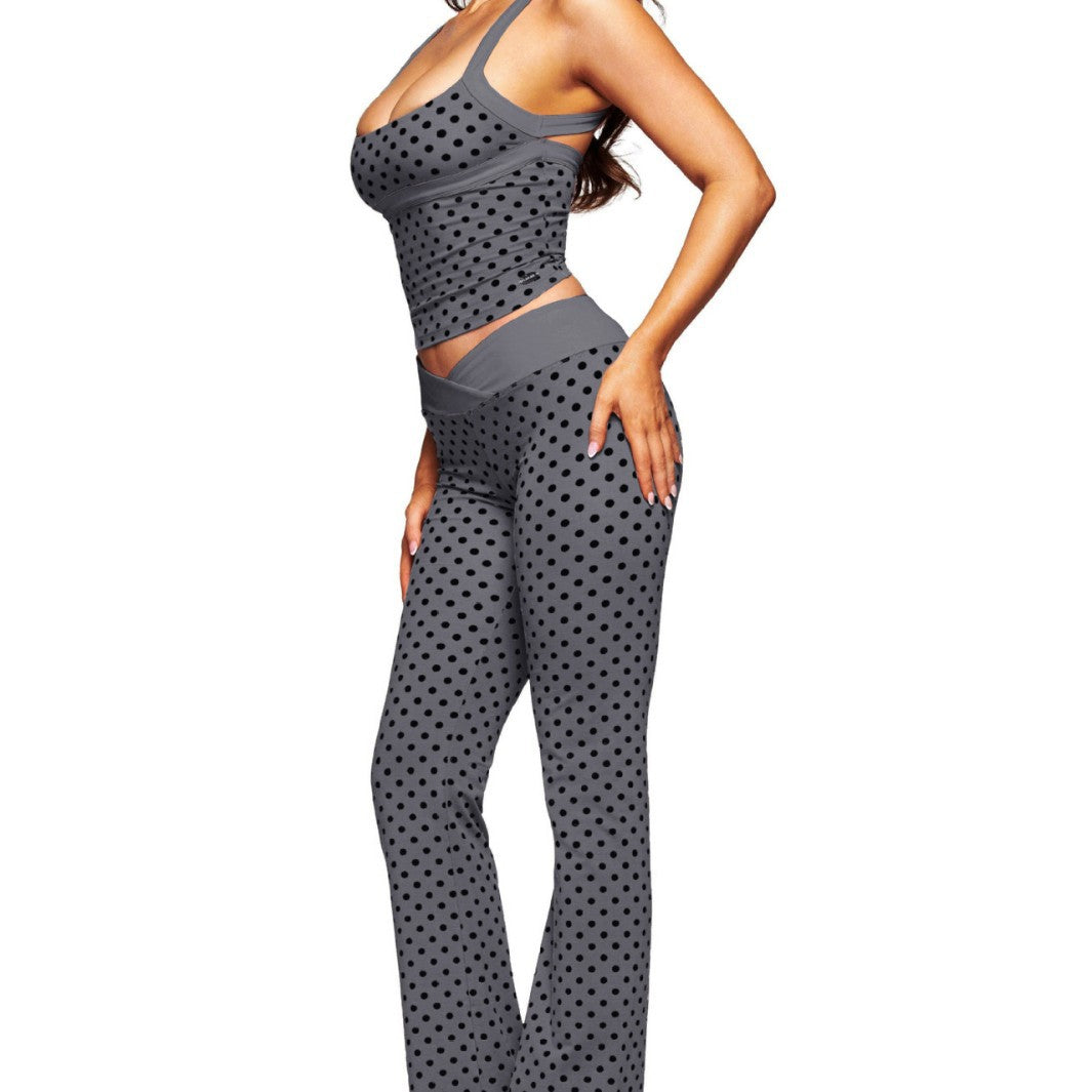 Cross-border Halter Neck Polka Dot Tank Top, Long Pants, Bell-bottom Pants, Beautiful Back Bra, Fitness Wear, Sportswear, Yoga Outfit Set
