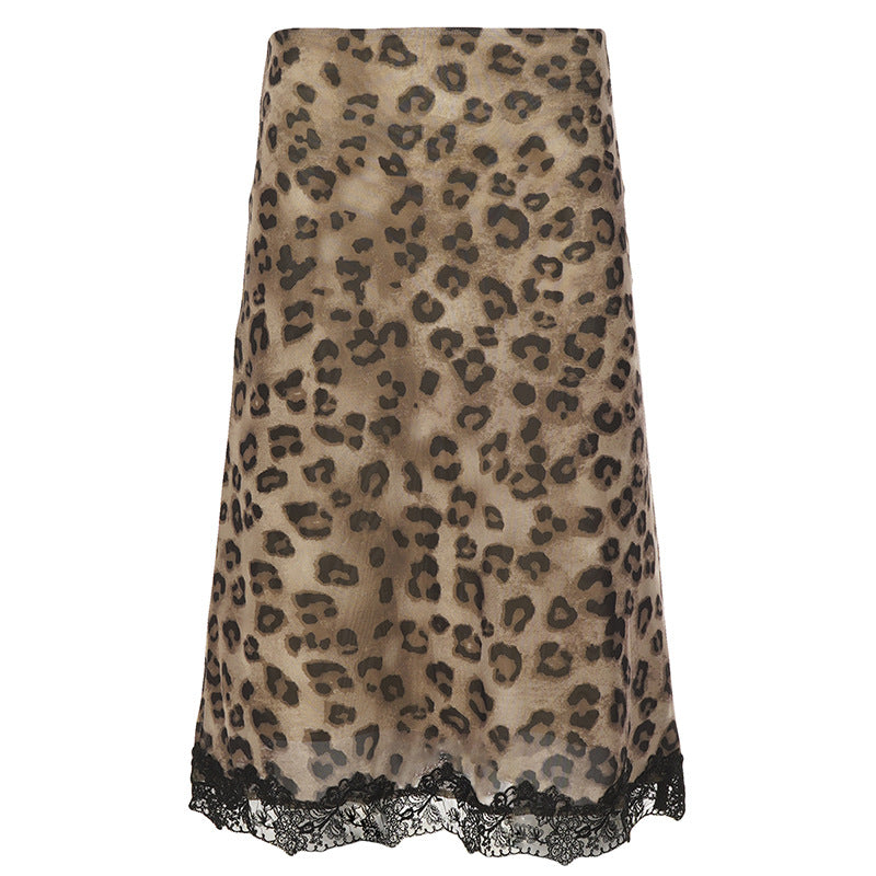 Low-rise Figure-flattering Mid-length Skirt With Lace Paneling And Leopard Print