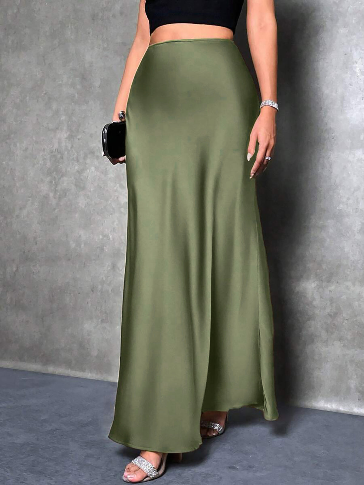 Womens Solid-color High-waisted Satin Skirt