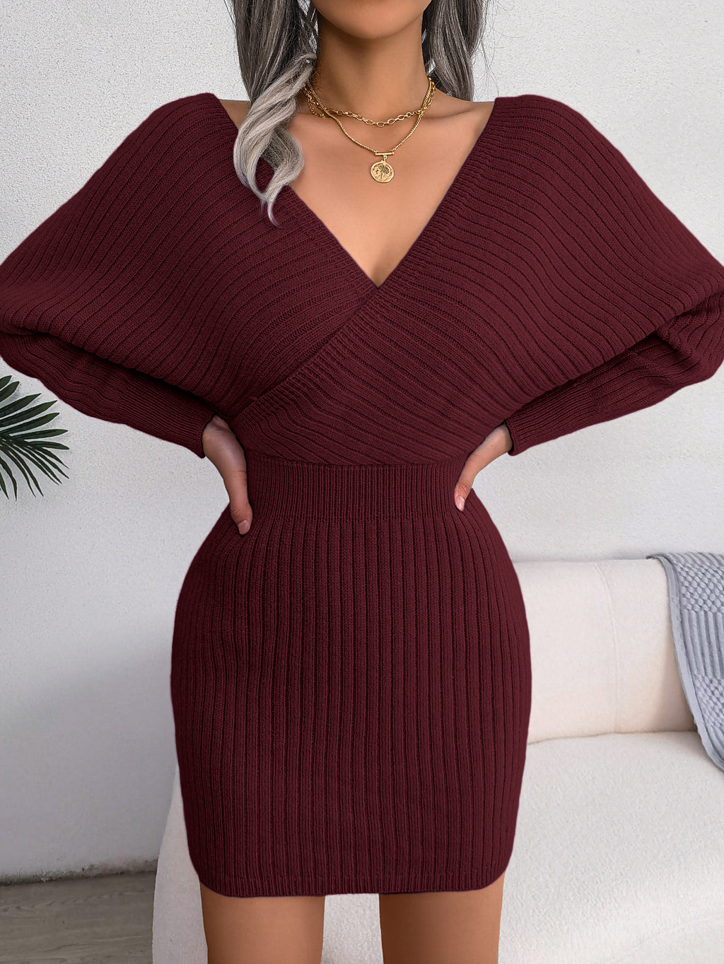 2026 Autumn Winter Sexy Cross V Neck Bat Skirt With Hip Wrapping, Hairy Dress