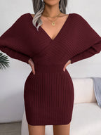2026 Autumn Winter Sexy Cross V Neck Bat Skirt With Hip Wrapping, Hairy Dress