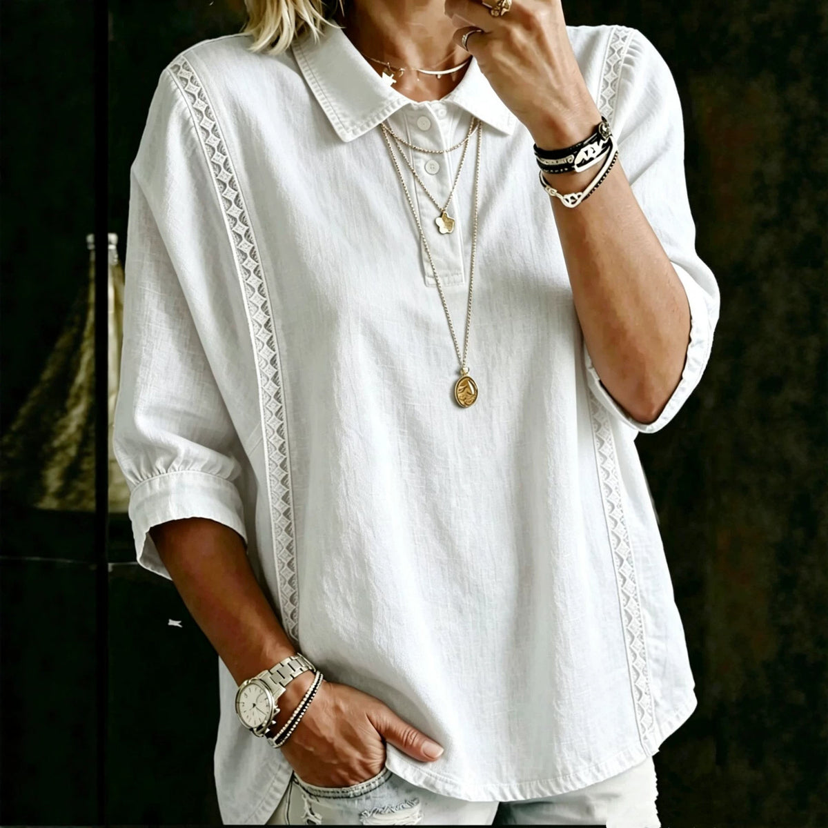 Womens Solid-Color Button-Down Loose Casual Shirt