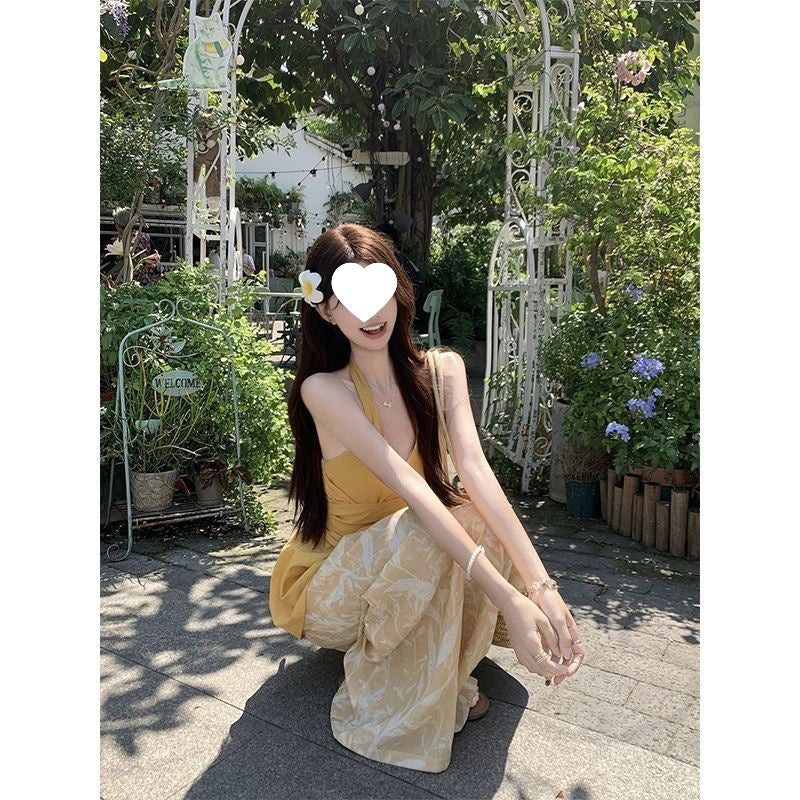 Yellow Halter-top And Waist-cinching Wide-leg Pants Summer Two-piece Set