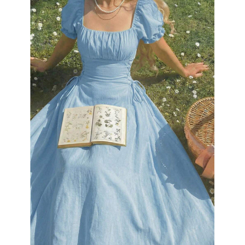 Womens Solid-color Puff-sleeve Waist-cinching Slimming Dress With Tie Detail