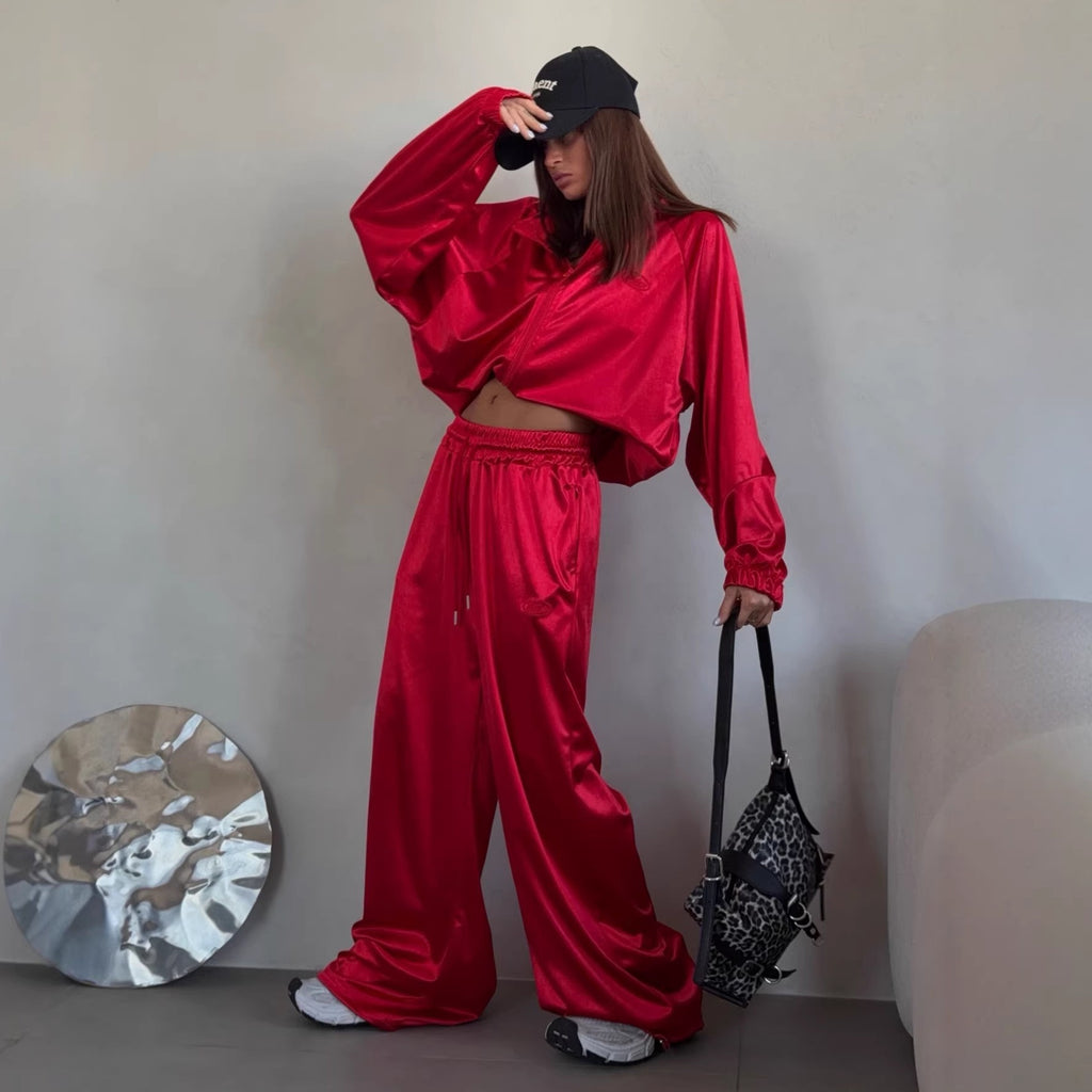 2026 Europe And The United States Cross-border Women's Clothing Spring And Summer New Fashion Trend Loose Sweater Coat Wide Leg Trousers Sports Suit