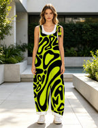 Women Abstract Swirl Print Overalls, Tie Shoulder Wide Leg Bib Pants Casual Summer Jumpsuit