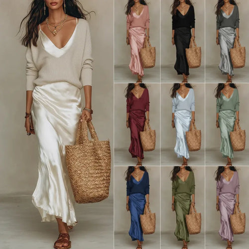 Champagne Satin Maxi Dress Set