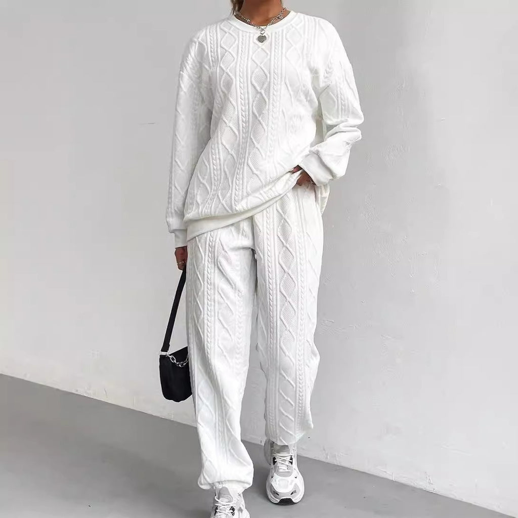 Spring And Autum Cross-Border European And American New Women's Clothing Twist Stitching Long-Sleeved Round Neck Top And Leggings Pants Two-Piece Set