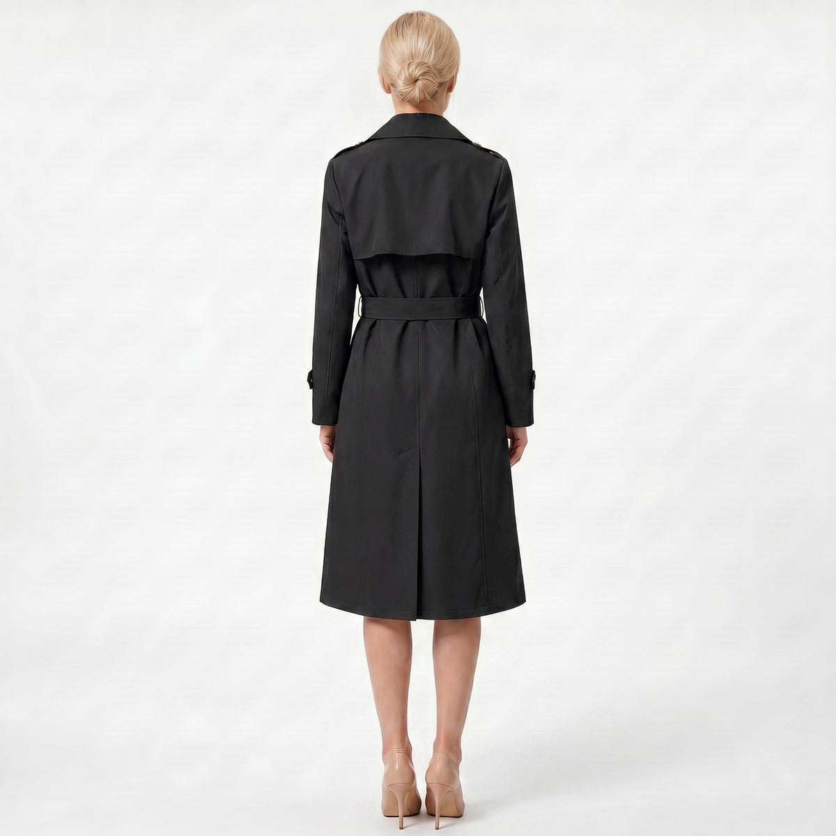 Casual Waist Cinching Trench Coat For Fall Winter, Elegant Long Women Outerwear With Double Breasted Design, Model
