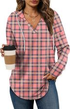Vintage Plaid V-Neck Hooded Long-Sleeved Shirt For Women Casual Drawstring Plaid Top