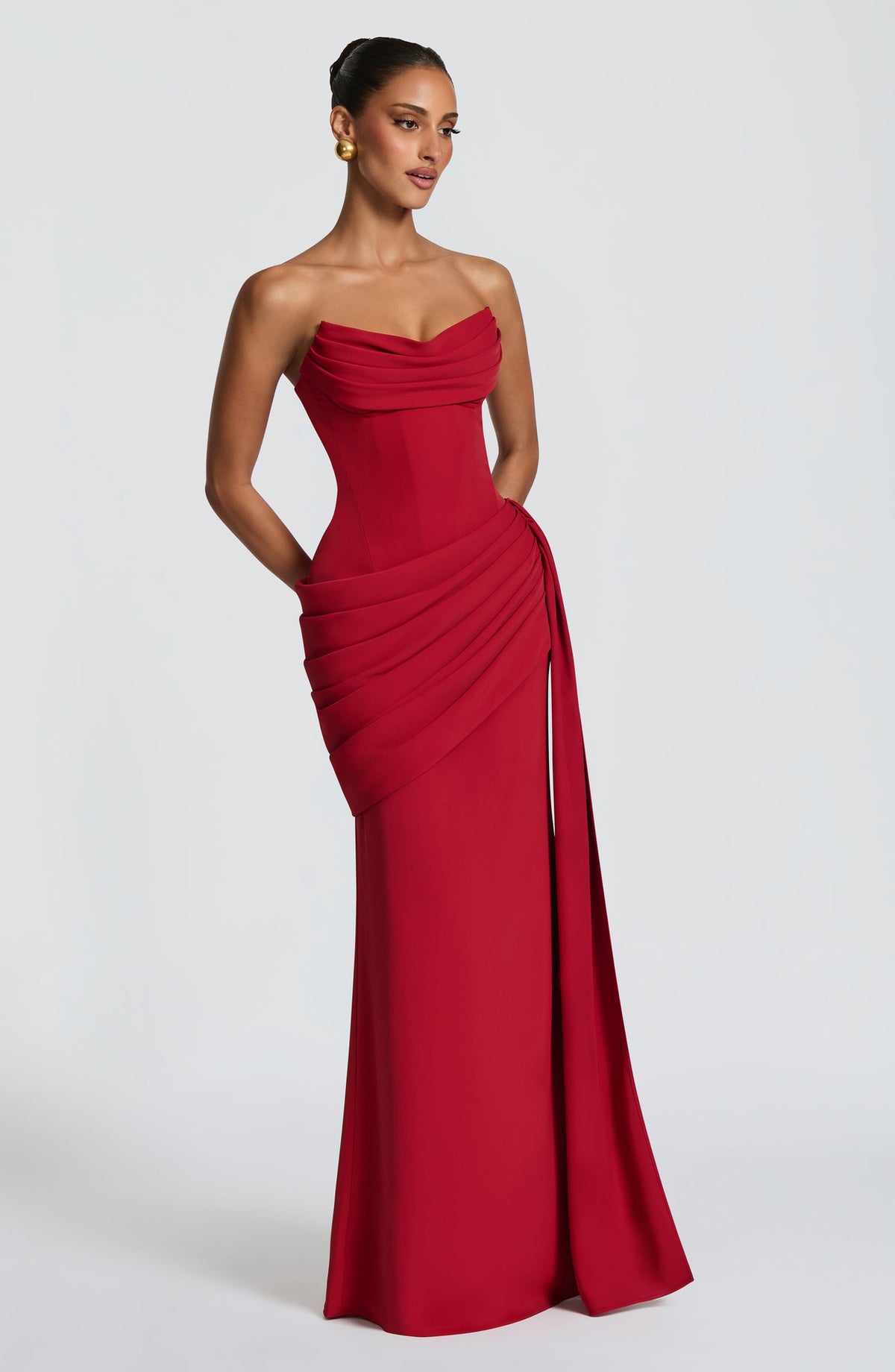 Women's Solid-color Strapless Pleated Maxi Bodycon Dress