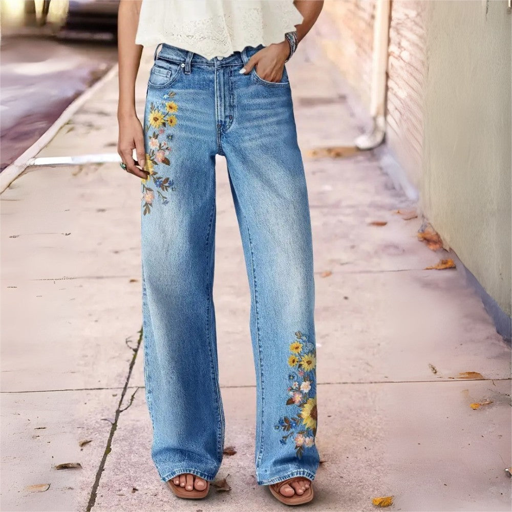 Women's Light Blue Wide Leg Jeans Floral Embroidery Washed Denim Pants Boho Vintage Style Ready Stock