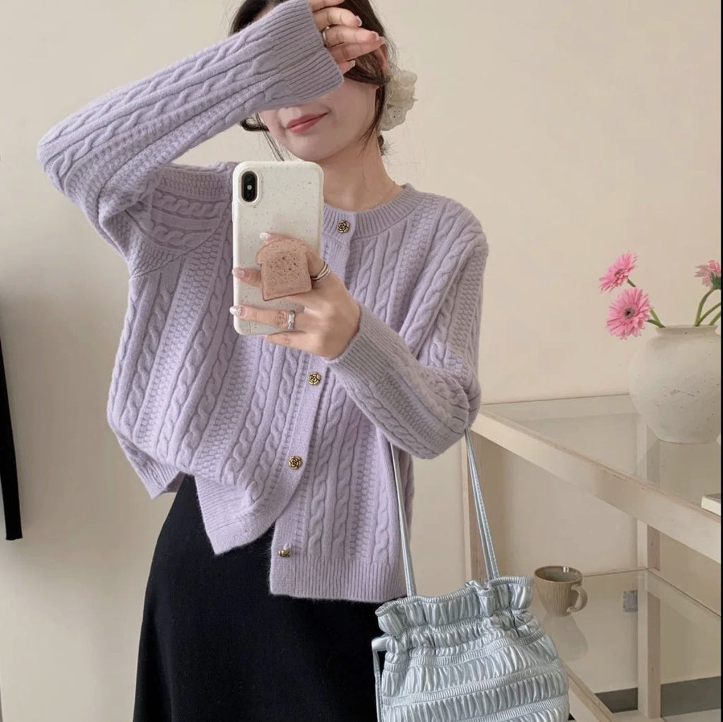 Retro Rose Flower Button Small Twist Knitwear Jacket For Women 2025 Autumn And Winter New Fashion Versatile Knitwear Cardigan