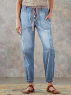 Women Cargo Jeans Light Blue Utility Denim Pants Drawstring Waist Multi Pocket Casual Jogger Jeans Wholesale US Ready Stock