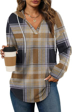 Vintage Plaid V-Neck Hooded Long-Sleeved Shirt For Women Casual Drawstring Plaid Top