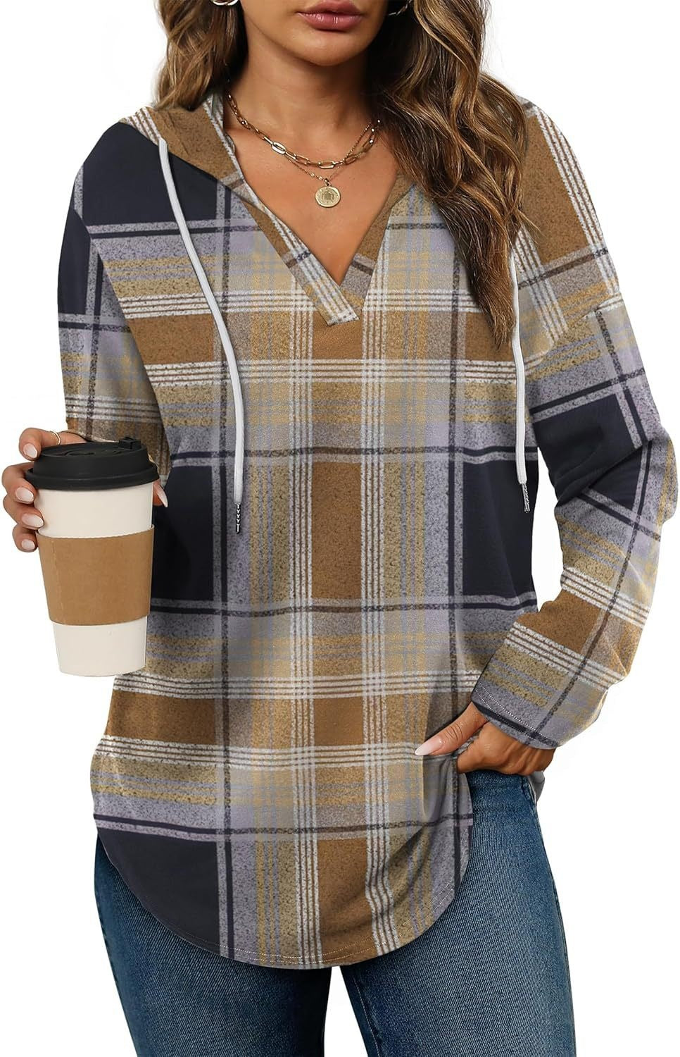 Vintage Plaid V-Neck Hooded Long-Sleeved Shirt For Women Casual Drawstring Plaid Top