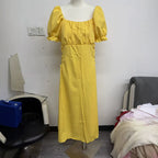 Womens Solid-color Puff-sleeve Waist-cinching Slimming Dress With Tie Detail