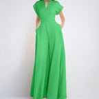 Summer New Style Cross-Border European And American Foreign Trade Women's Clothing Fashionable Commuter V-Neck Waist-Cinching Solid Color Wide-Leg Jumpsuit