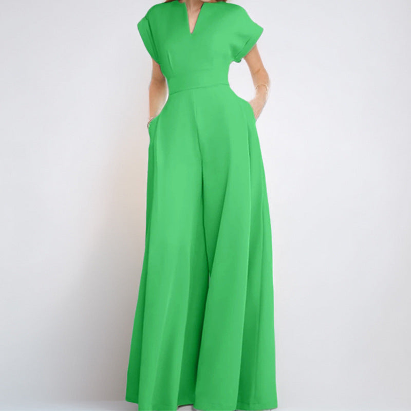 Summer New Style Cross-Border European And American Foreign Trade Women's Clothing Fashionable Commuter V-Neck Waist-Cinching Solid Color Wide-Leg Jumpsuit