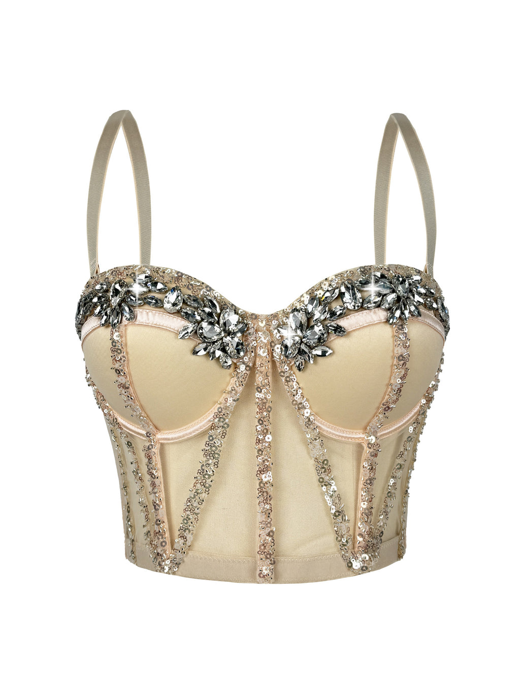 Cross-Border Rhinestone Mesh Fishbone Bra Semi-Transparent Sexy Slimming Suspender Tube Top Slimming Diamond Fishbone Top Stage