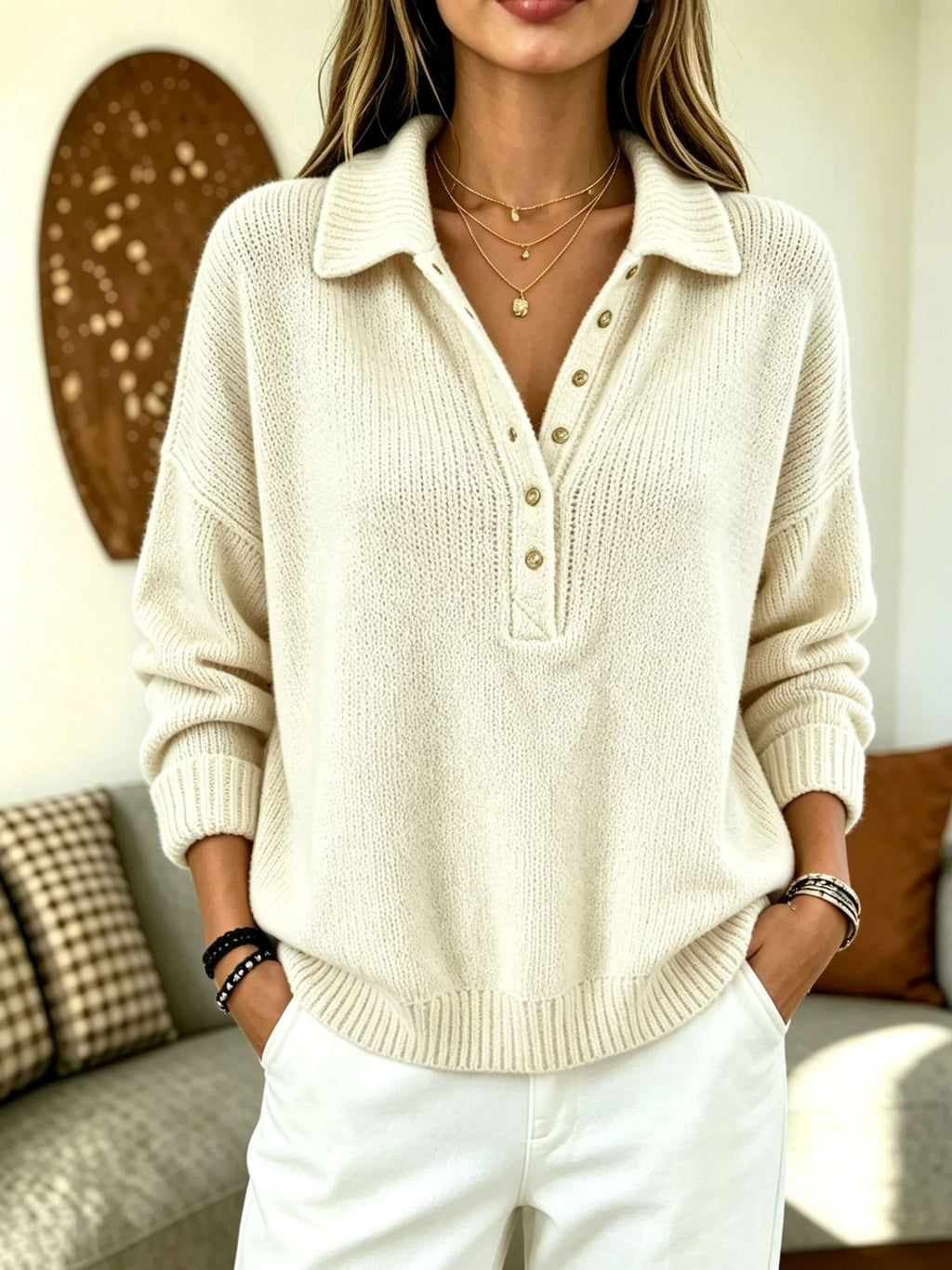 Womens Blended Yarn Textured Sweater