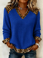 Womens Long-Sleeved Leopard-Print Patchwork V-Neck Knit Sweater