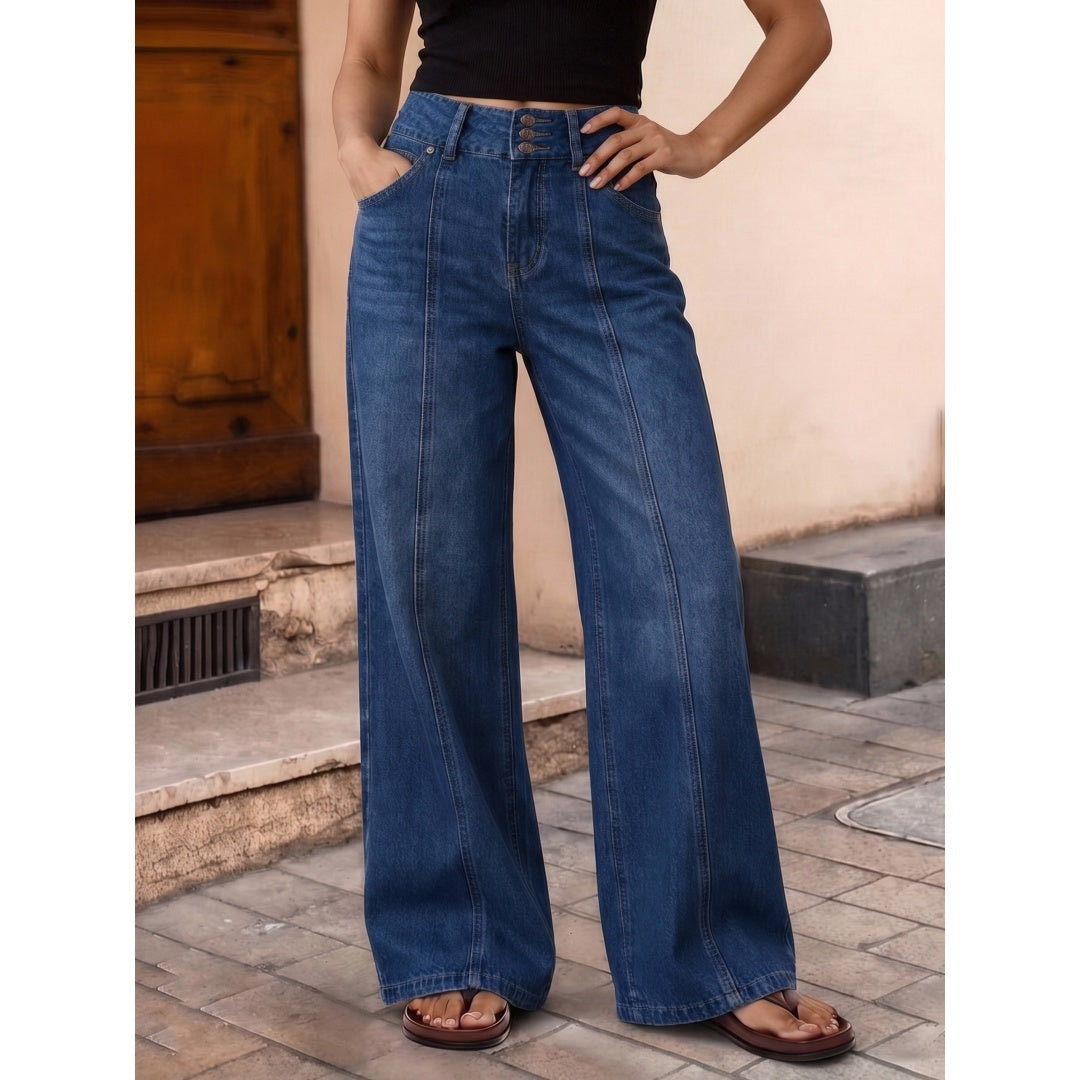 US Ready Stock Women High Waist Wide Leg Jeans Triple Button Denim Pants Front Seam Loose Fit Jeans Wholesale
