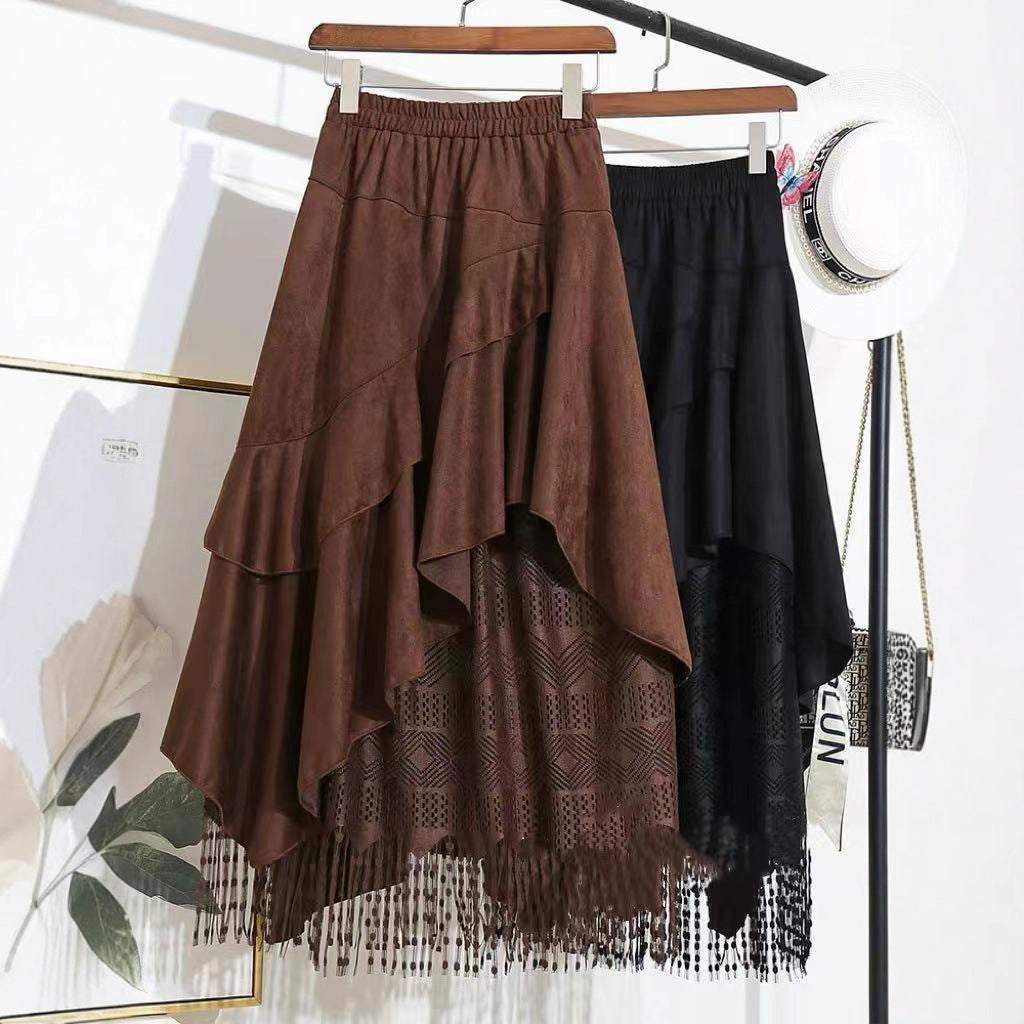 New AutumnWinter Irregular Ruffled Hem Vintage Suede And Lace Patchwork Womens Skirt