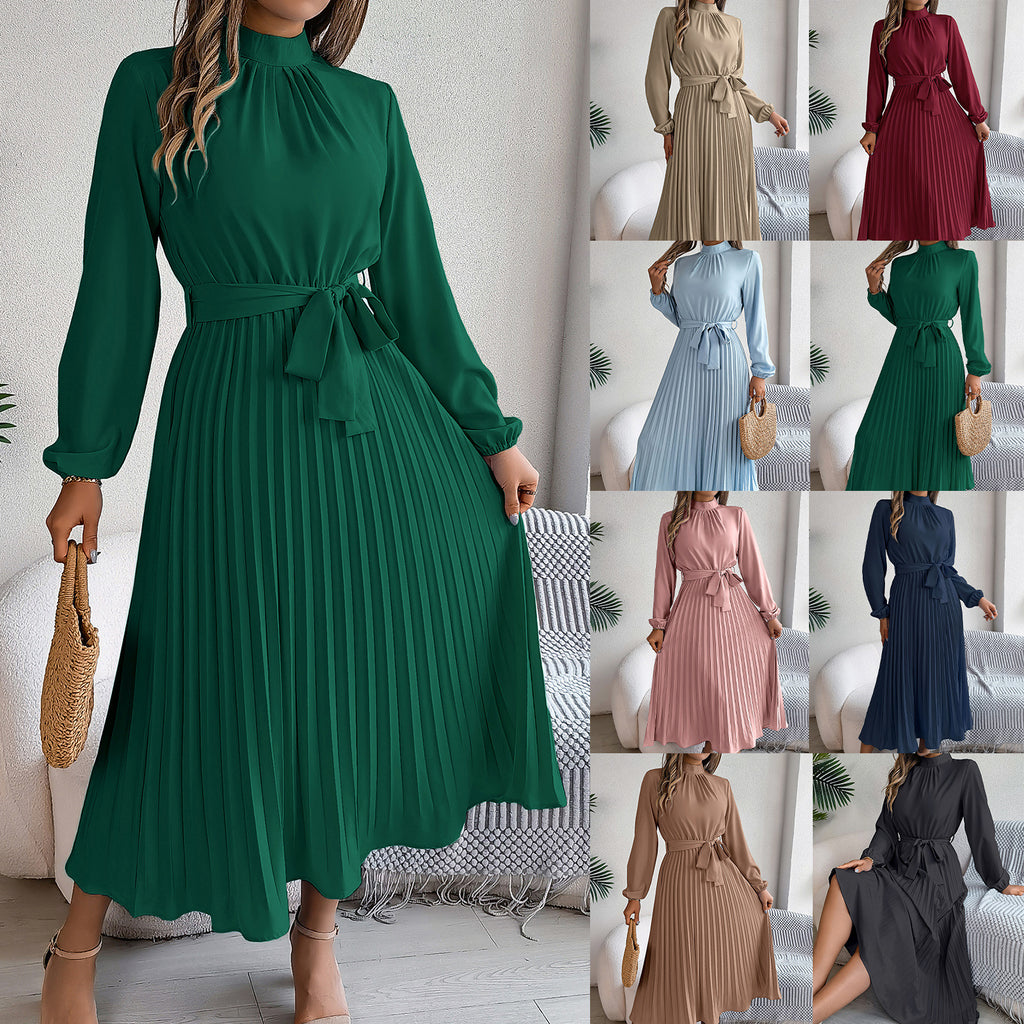 2026 European And American Women's Autumn And Winter Elegant Standing Collar Long Sleeved Waist Cinched Pleated Long Skirt Small Dress