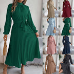 2026 European And American Women's Autumn And Winter Elegant Standing Collar Long Sleeved Waist Cinched Pleated Long Skirt Small Dress