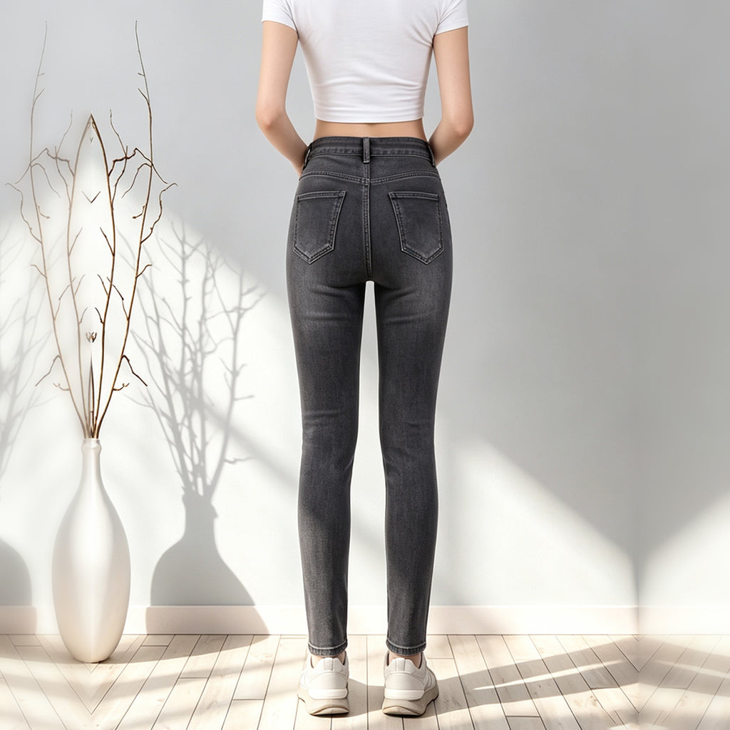 Women High Waist Gradient Black Straight Leg Jeans, Casual Slim Fit Denim Pants With Pockets