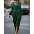 New Style Elegant Cross-Neck Pleated Slit Puff Sleeve Irregular Long-Sleeve Dress Women's Dress