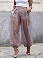 2026 European And American Cross-Border Summer New Style Semi-Transparent Mesh Solid Color Patchwork Loose Semi-Transparent Lantern Pants