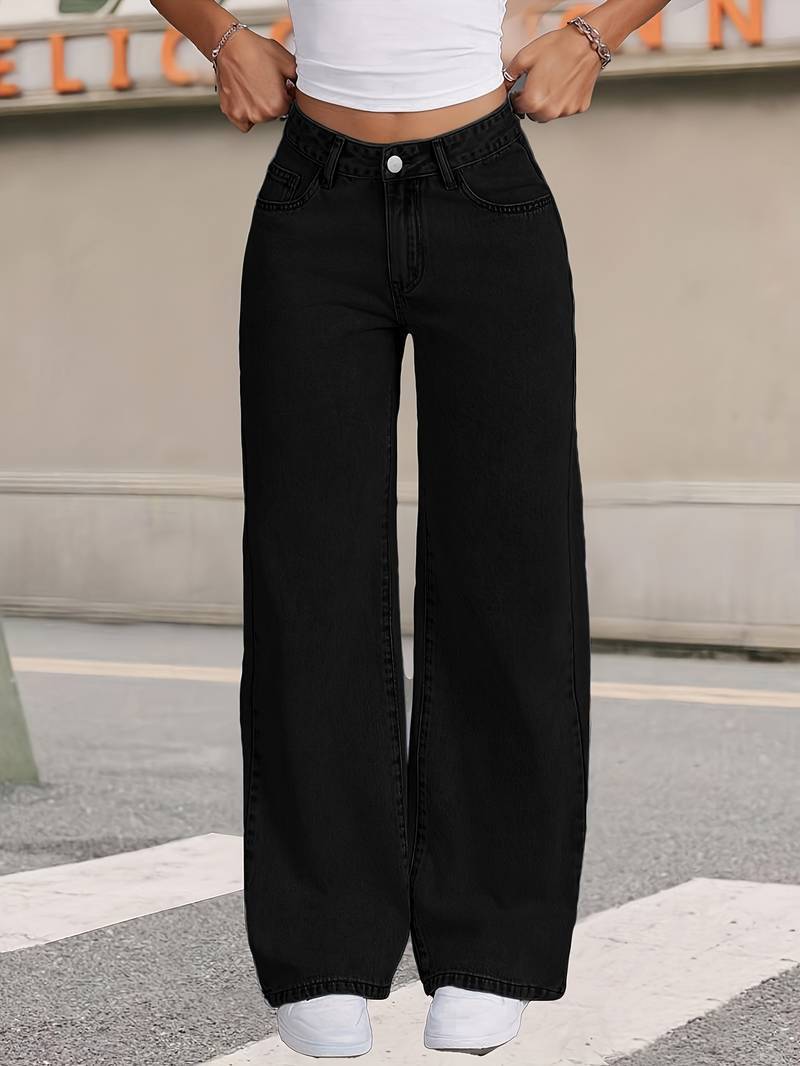 Draped Floor-length Black Straight-leg Jeans