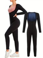 Plus Size Women Sauna Suit Slimming Full Body Compression Workout Jumpsuit Long Sleeve Waist Trainer For Belly Fat Heat Trapping Fabric For Gym Running