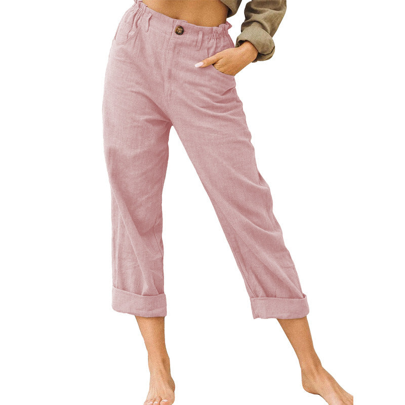 2026 European And American Women's Fashion Wish Amazon New Solid Color Cotton And Linen Fashion Loose High-Waisted Straight Casual Long Pants For Women