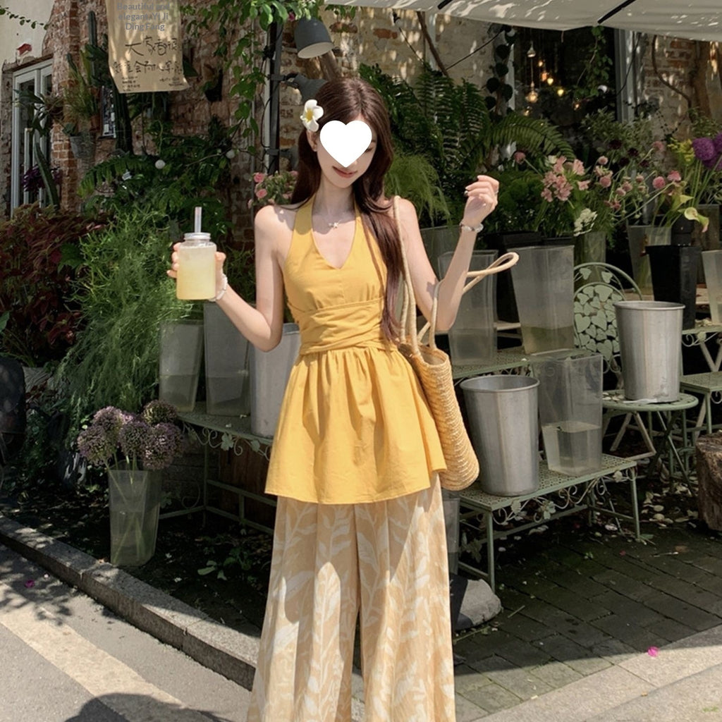 Yellow Halter-top And Waist-cinching Wide-leg Pants Summer Two-piece Set