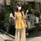 Yellow Halter-top And Waist-cinching Wide-leg Pants Summer Two-piece Set